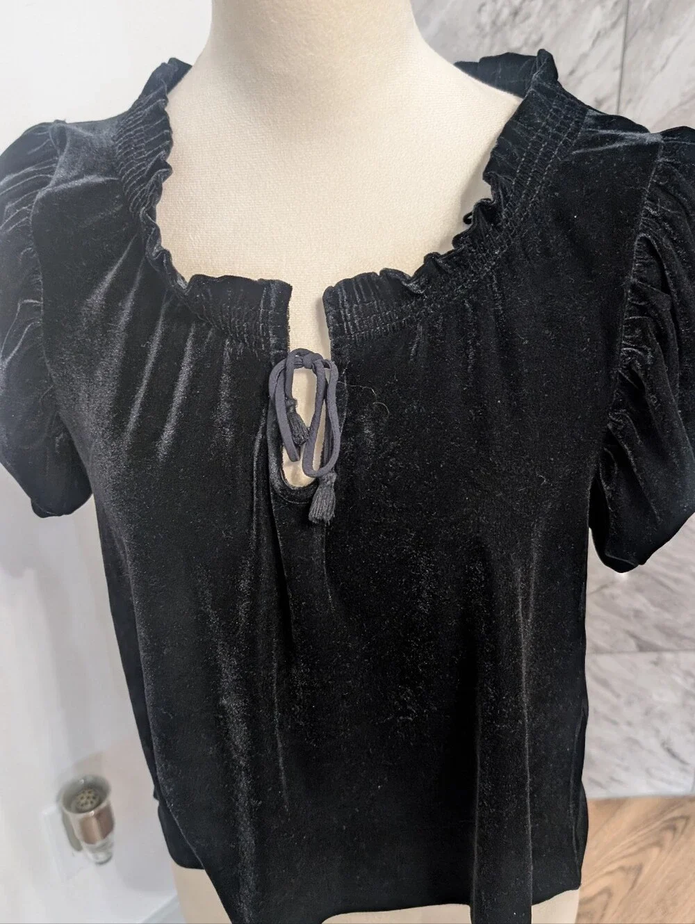 Black Velvet Tie-Neck Women's Top
